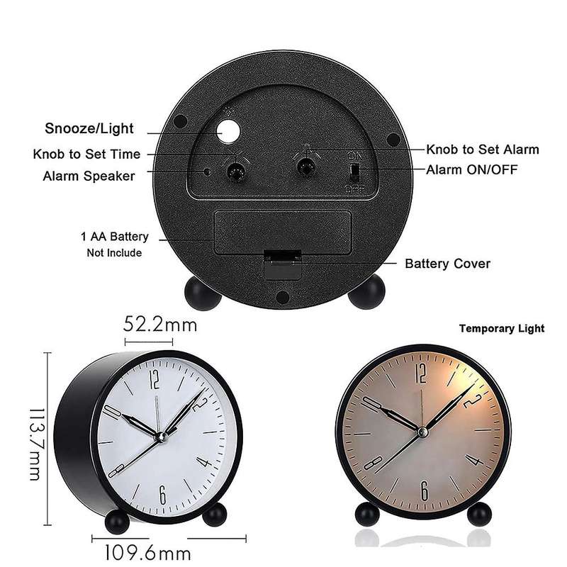 Analog Alarm Clock, 4inch Round Alarm Clock Non Ticking, Super Silent