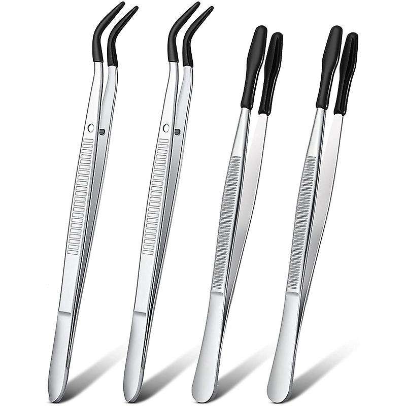 2pcs Elbow and 2pcs Flat Tip Tweezers Stainless Steel Tweezers-black