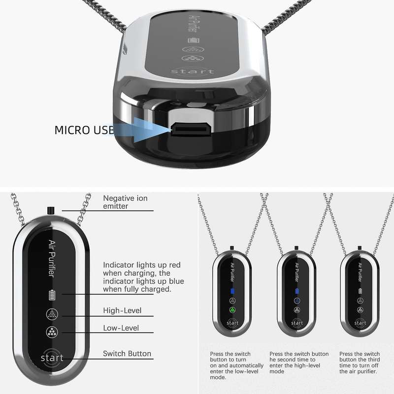 Hanging Neck Mini Negative Ion 36h-50h Necklace Air Purifier Silver