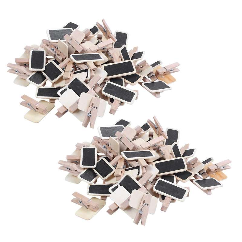 100x Mini Tableau Noir Bois Message Rectangle Ardoise Clip Carte