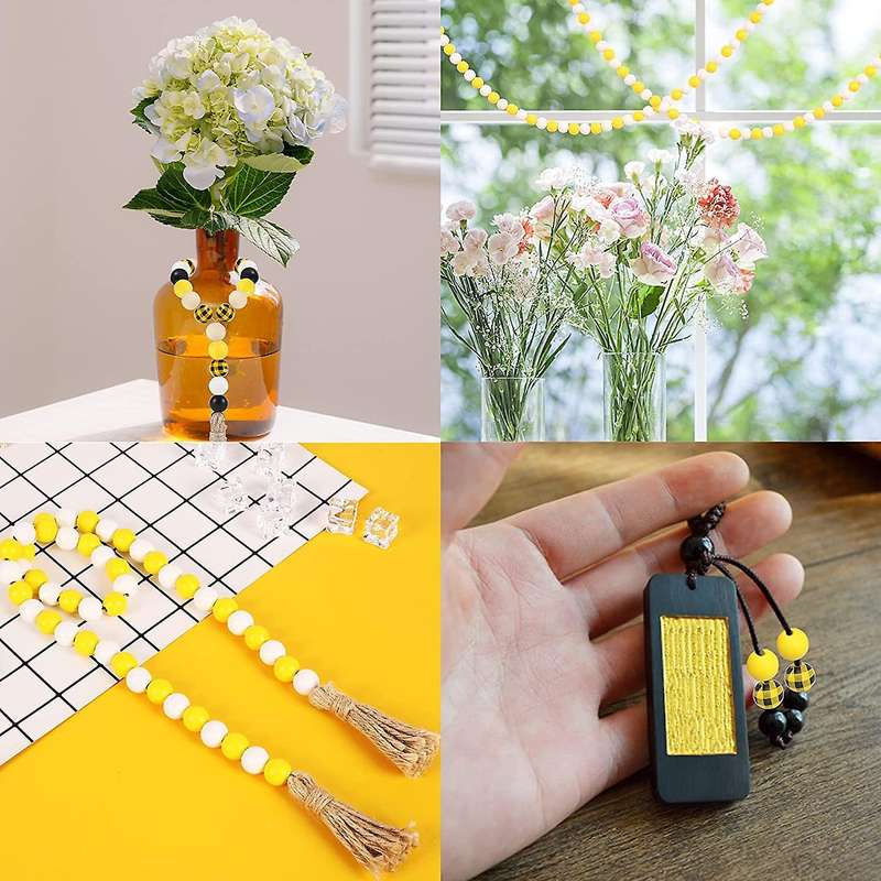 200 Pcs Wooden Beads with Hemp Rope for Fall Black Yellow Natural