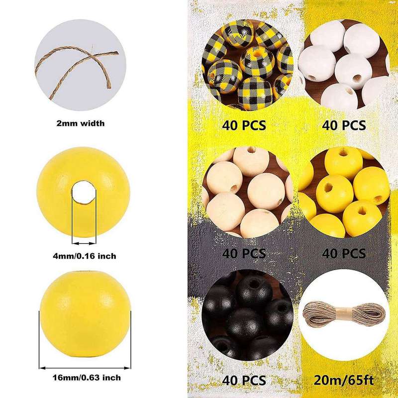200 Pcs Wooden Beads with Hemp Rope for Fall Black Yellow Natural