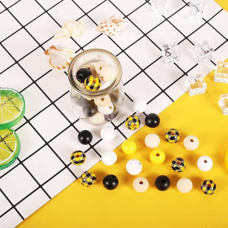 200 Pcs Wooden Beads with Hemp Rope for Fall Black Yellow Natural