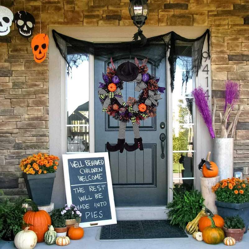 Witch Halloween Wreath with Hat Legs for Halloween Decorations