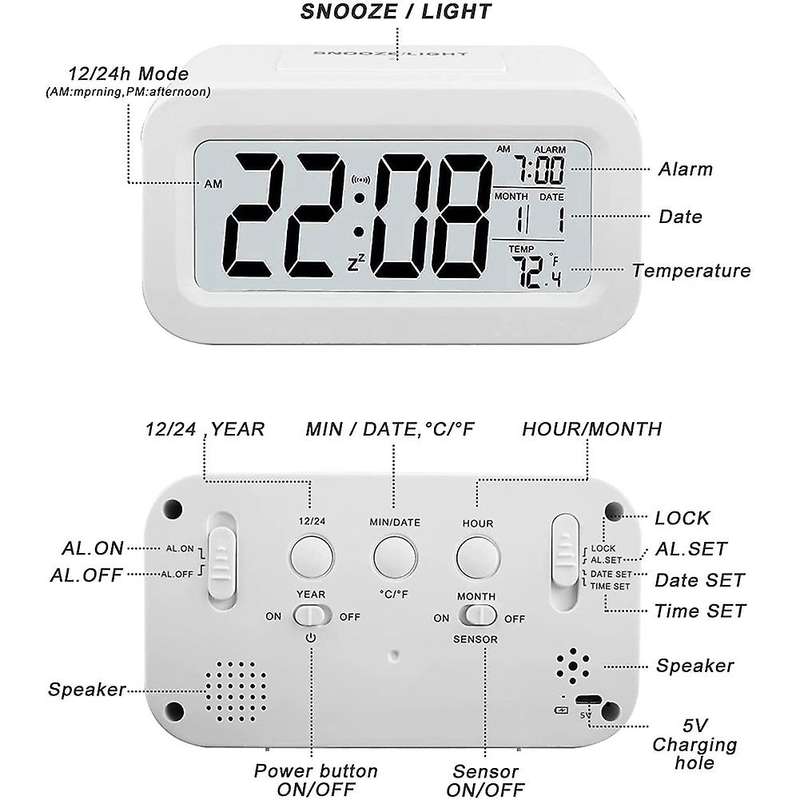 Rechargeable Alarm Clocks,digital Alarm Clocks,12/24hours Date White