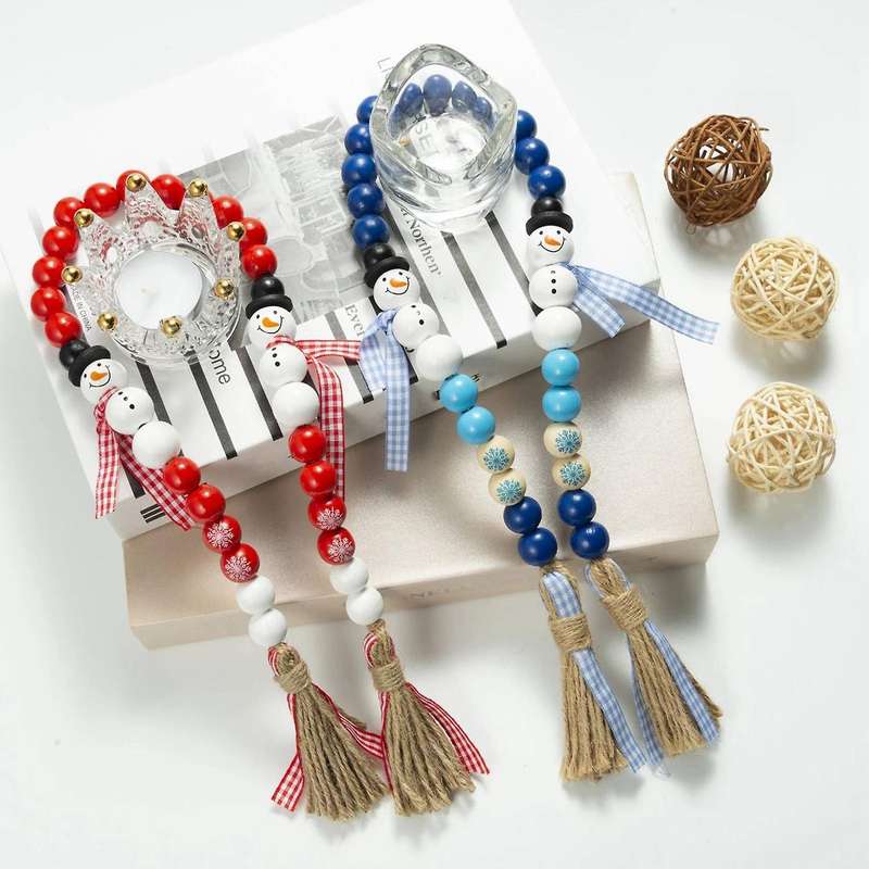 Christmas Diy Tassel Hemp Rope and Wooden Bead Garland -red+blue