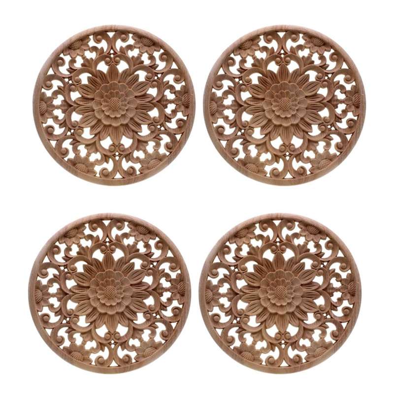 4x Carved Flower Carving Round Wood Appliques Figurine