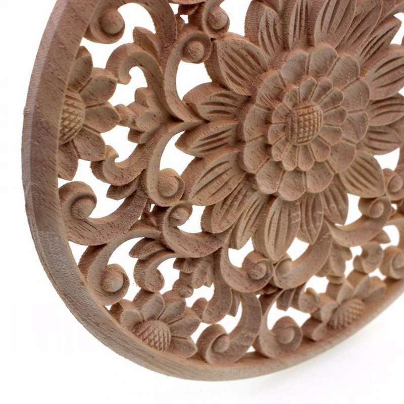 4x Carved Flower Carving Round Wood Appliques Figurine