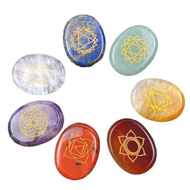 7pcs Chakra Stones Reiki Healing Quartz Engraved Chakra Symbols