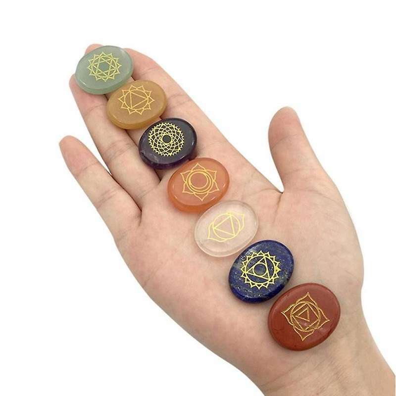 7pcs Chakra Stones Reiki Healing Quartz Engraved Chakra Symbols