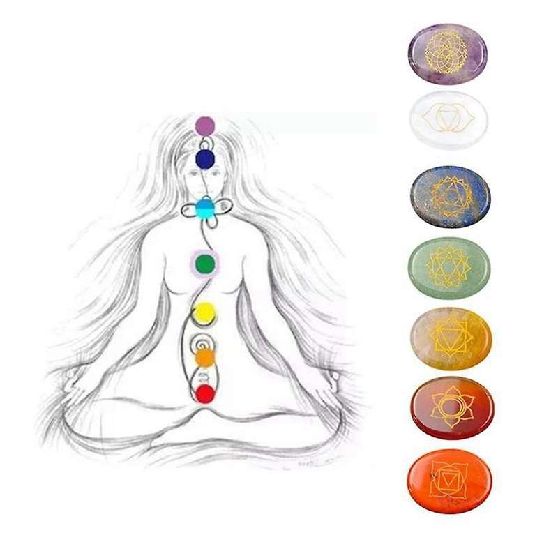 7pcs Chakra Stones Reiki Healing Quartz Engraved Chakra Symbols
