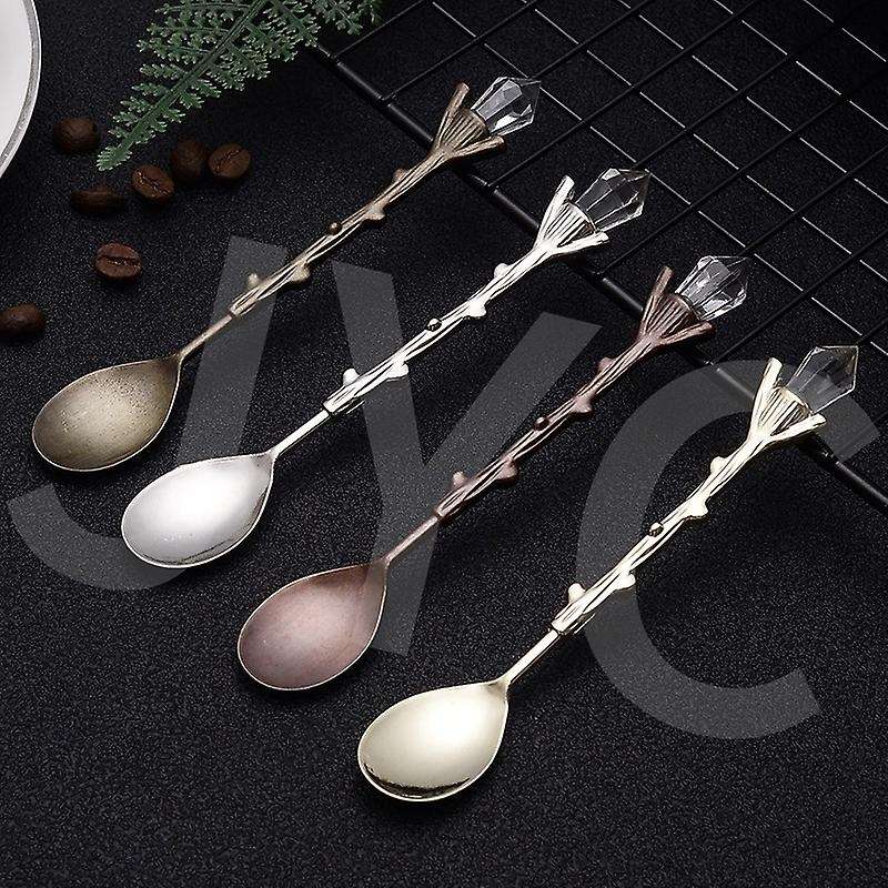 16 Pcs Retro Crystal Head Branch Alloy Small Spoon Creative Mug Spoon
