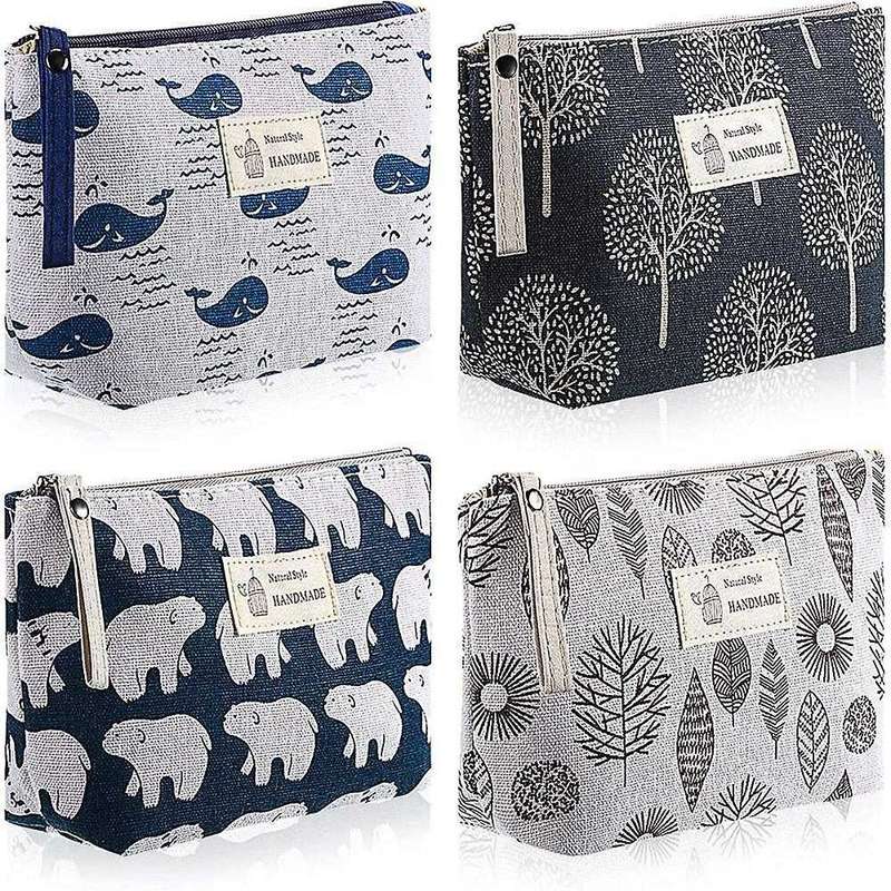4pcs Canvas Cosmetic Bags for Women Girl Vacation Travel,4 Styles,b