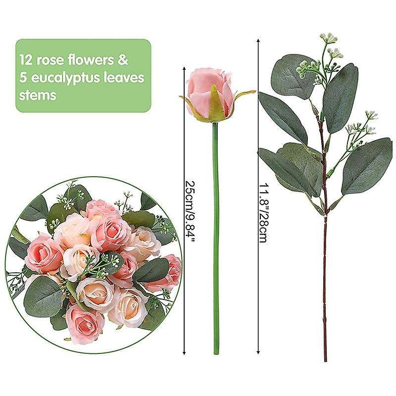 12 Silk Flowers Rose and 5 Eucalyptus Leaves Stems In Bulk, for Party