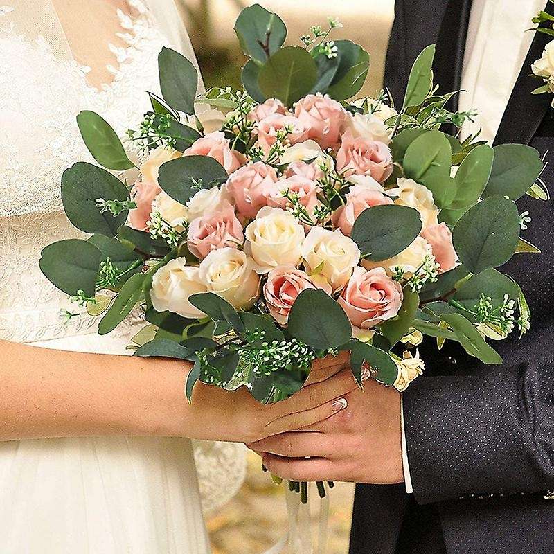 12 Silk Flowers Rose and 5 Eucalyptus Leaves Stems In Bulk, for Party
