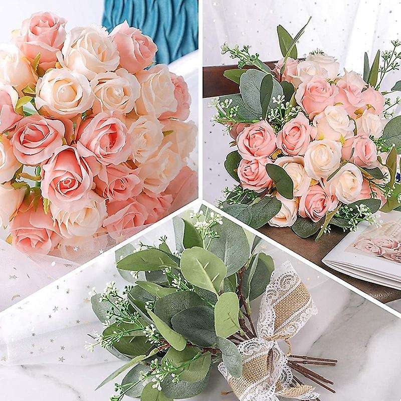 12 Silk Flowers Rose and 5 Eucalyptus Leaves Stems In Bulk, for Party