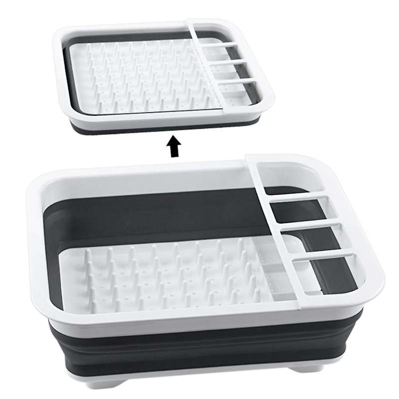 Kitchen Folding Drain Dish Rack Tableware Storage Box Black + White
