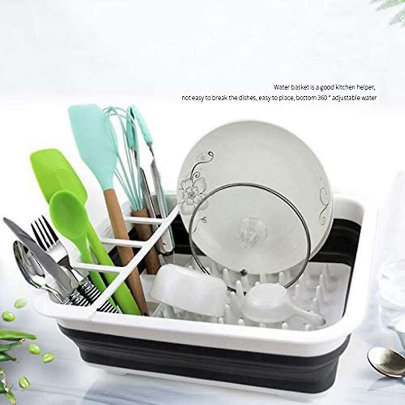 Kitchen Folding Drain Dish Rack Tableware Storage Box Black + White
