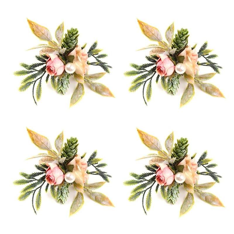 Double Rose Napkin Rings Set Of 4, Pink Flower Napkin Rings