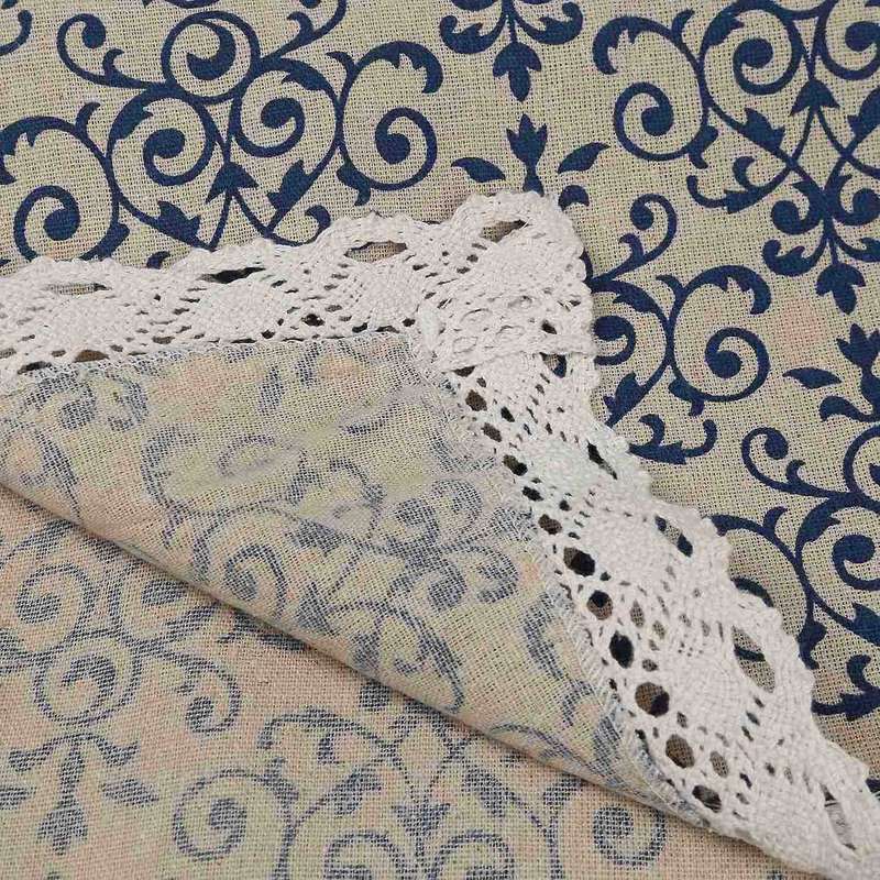 Retro Blue and White Table Cloth with Lace Cotton & Linen, 60 X 60cm