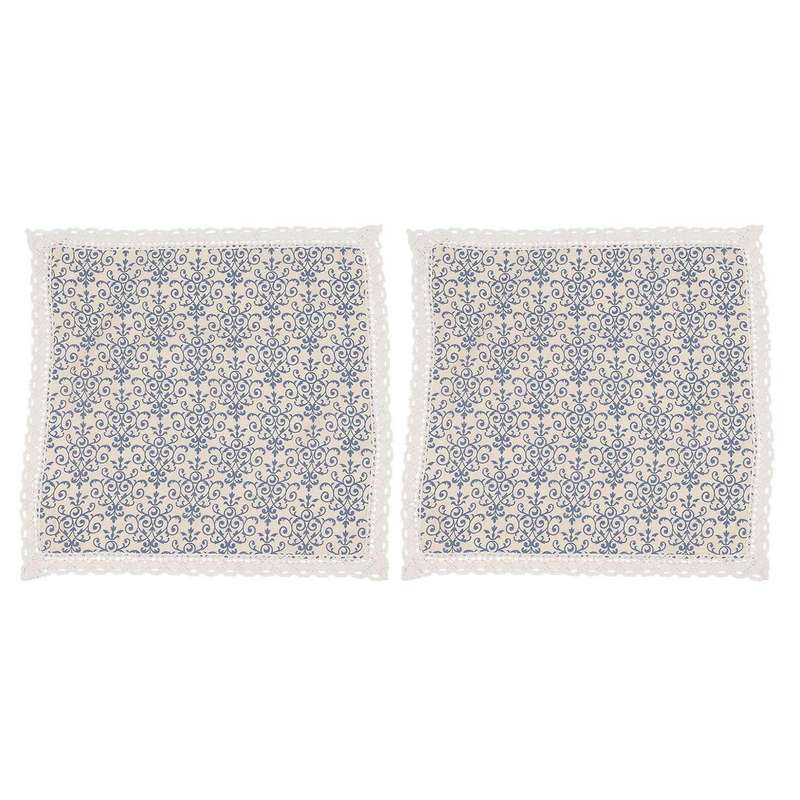 Retro Blue and White Table Cloth with Lace Cotton & Linen, 60 X 60cm