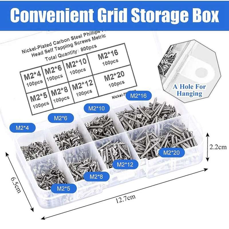 800pcs M2 Self-tapping Screws Assortment Set Cross-head Screws Silver