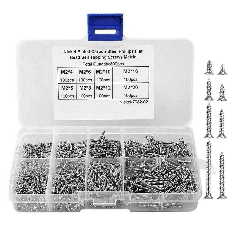 800pcs M2 Self-tapping Screws Assortment Set Cross-head Screws Silver