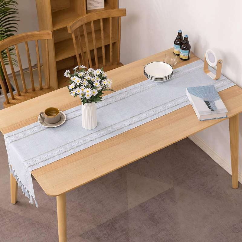 Rustic Table Runner with Handmade Tassel, Hemstitched Embroidery
