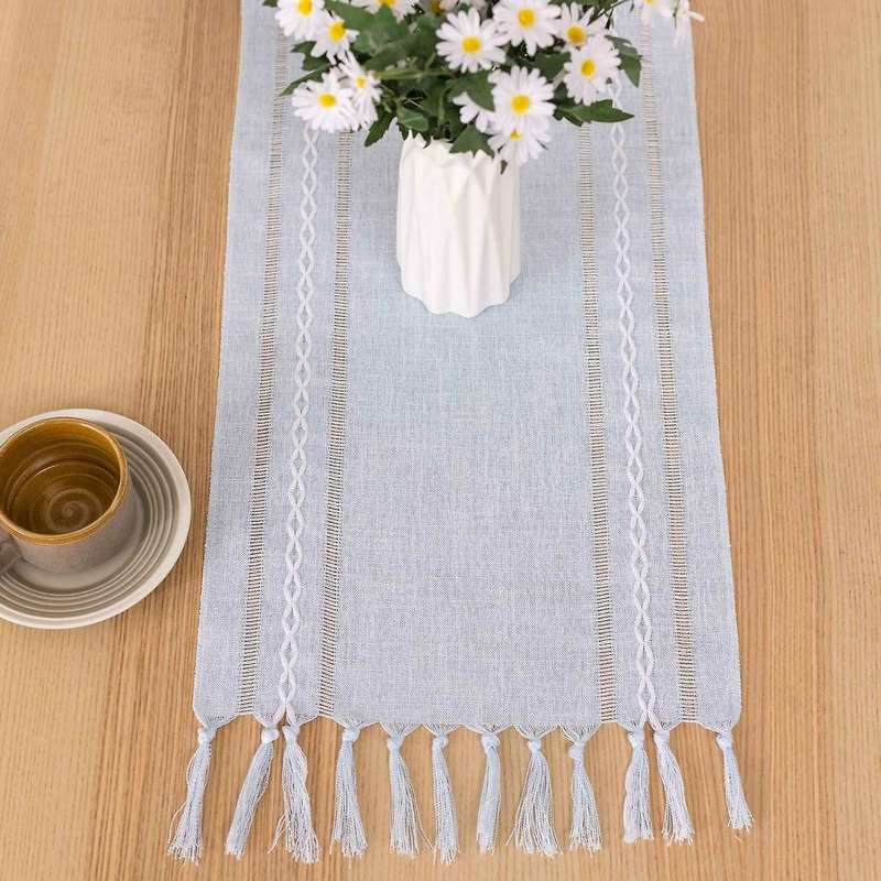 Rustic Table Runner with Handmade Tassel, Hemstitched Embroidery