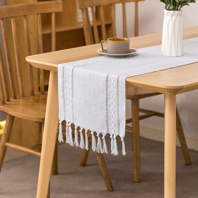 Rustic Table Runner with Handmade Tassel, Hemstitched Embroidery