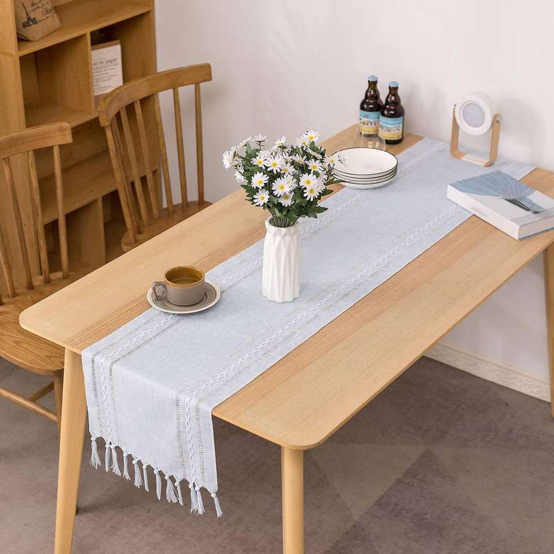 Rustic Table Runner with Handmade Tassel, Hemstitched Embroidery