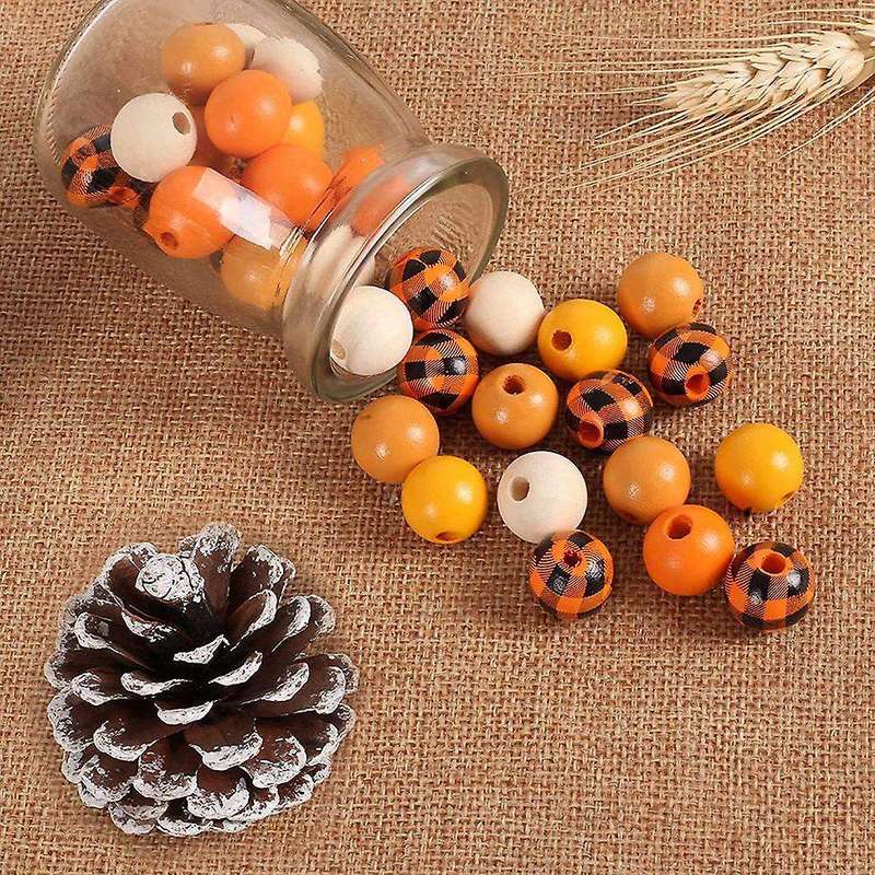 200 Pcs Wooden Beads with Hemp Rope for Fall Orange Natural