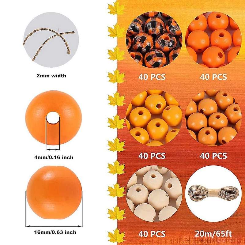 200 Pcs Wooden Beads with Hemp Rope for Fall Orange Natural