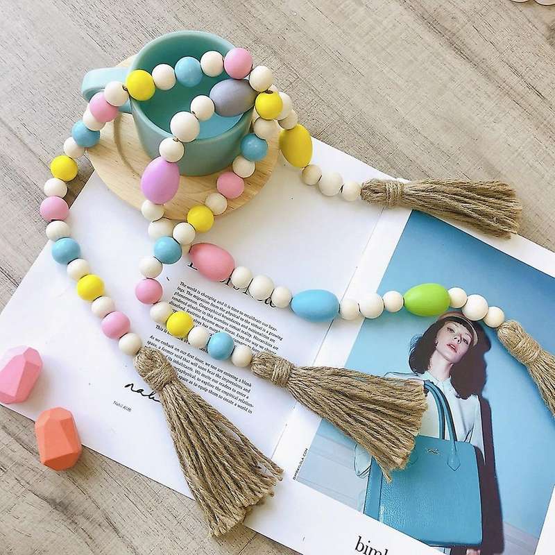 Rural Tassel Colorful Beads String Hemp Rope and Wooden Bead Garland