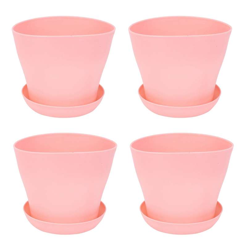 4x Plastic Plant Flower Pot with Tray Round Pink Upper Caliber 14cm