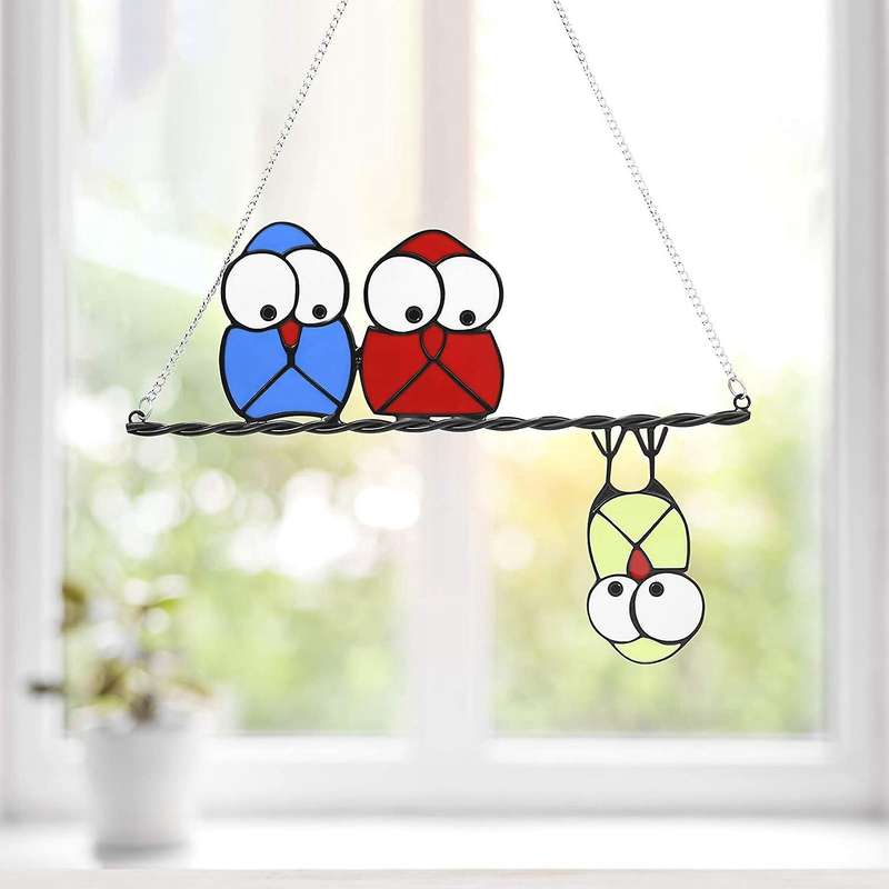 Stained Glass Window Hangings Owls Sun Catcher Ornaments Home - A