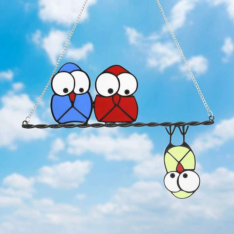Stained Glass Window Hangings Owls Sun Catcher Ornaments Home - A