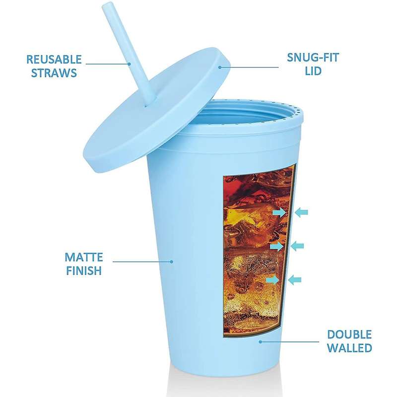 Double-layer Plastic Straw Cup 16oz Coffee Cup Plastic (sky Blue)