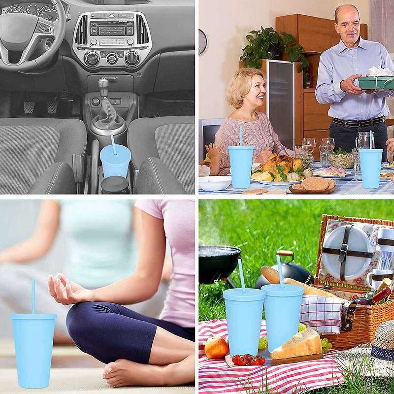 Double-layer Plastic Straw Cup 16oz Coffee Cup Plastic (sky Blue)