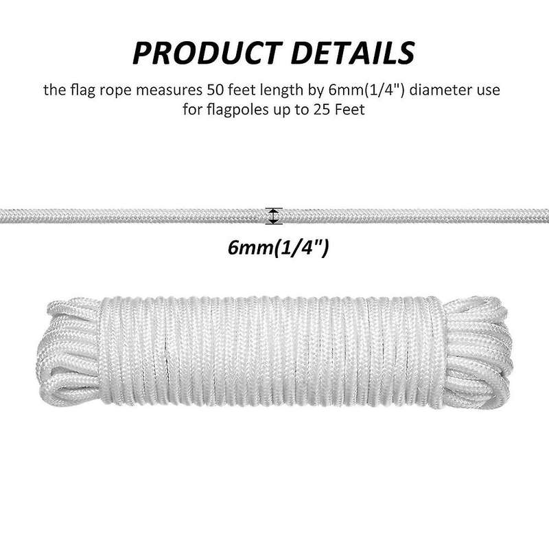 50 Feet X 1/4inch Flag Pole Halyard Rope with 4 Pieces Hook Clips
