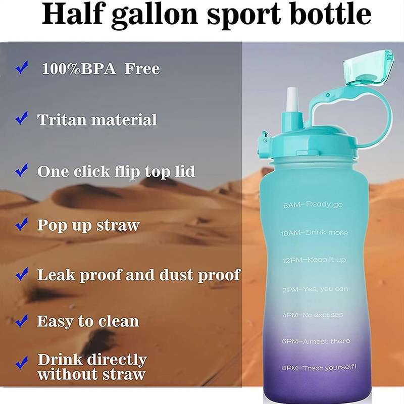 Water Bottle with Time Marker, 68 Oz Extra Large -pink Green