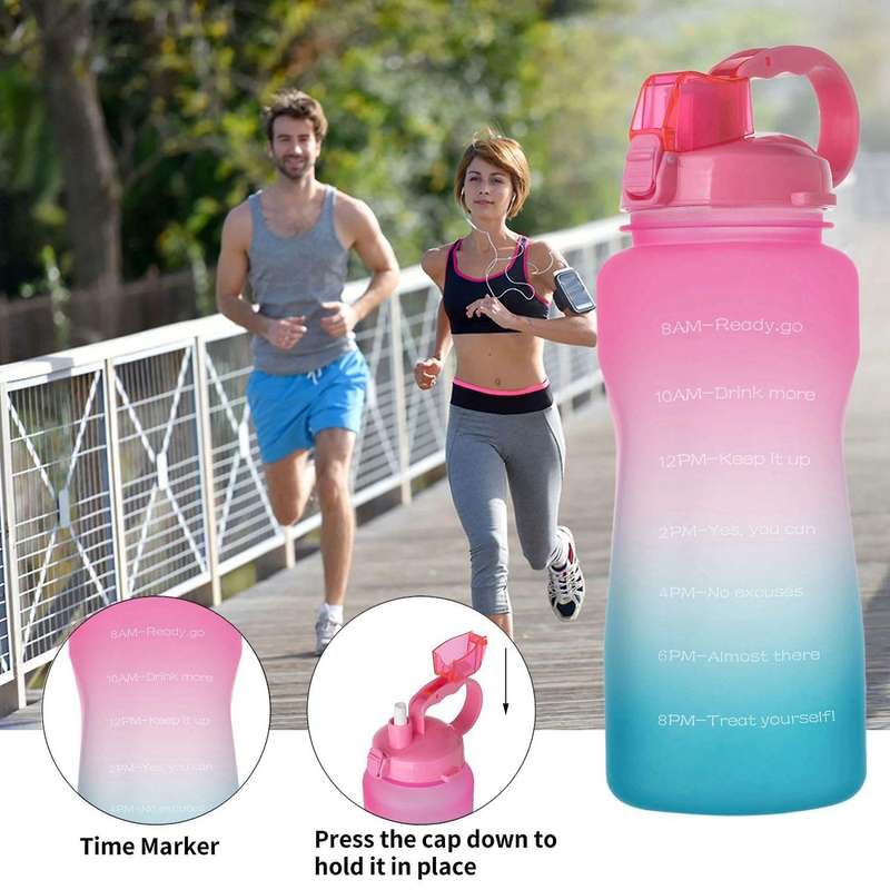 Water Bottle with Time Marker, 68 Oz Extra Large -pink Green