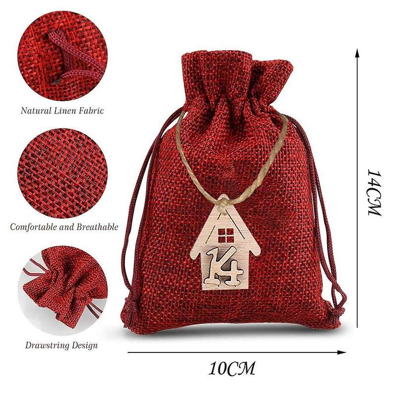 Christmas Advent Calendar Bag Set 24days Gift Bag with Wooden Pendant