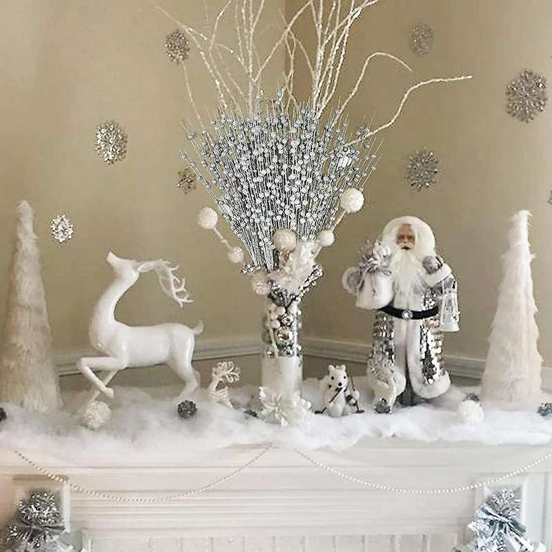 Silver Artificial Glitter Berry Stem for Christmas Tree Diy Wreath