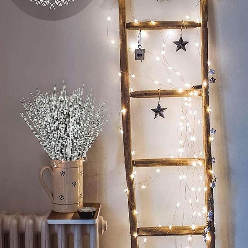 Silver Artificial Glitter Berry Stem for Christmas Tree Diy Wreath