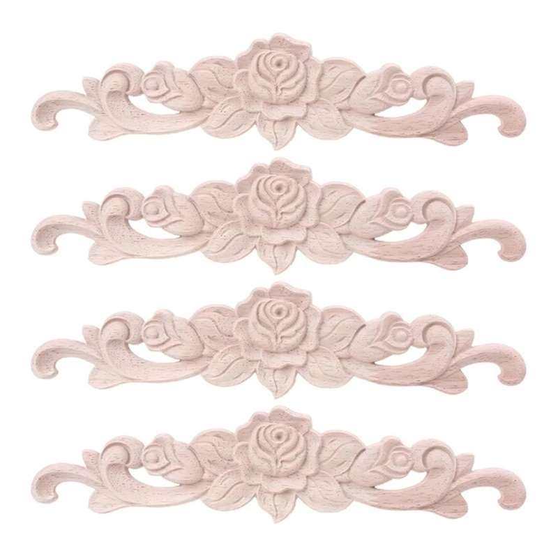 4pcs Wood Carved Onlay Rose Flower Appliques for Furniture Cabinet