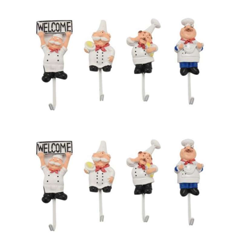 Pack Of 8 Resin French Chef Figurine Wall Hooks Wall Mount Rack Hook