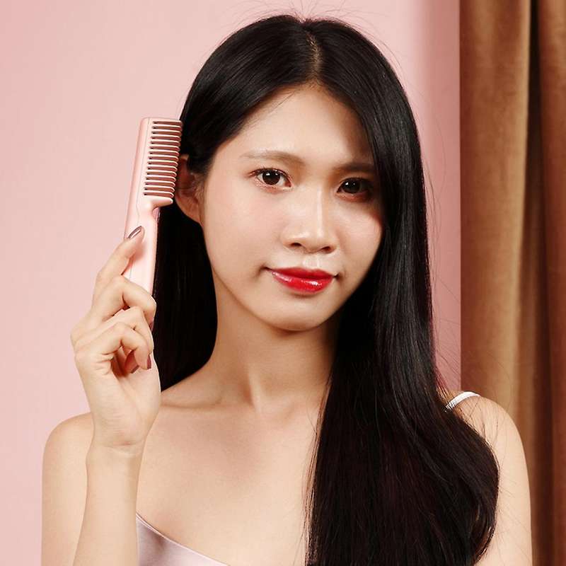 Electric Cordless Hair Straightener and Curling 2 In 1 Dry Comb Pink