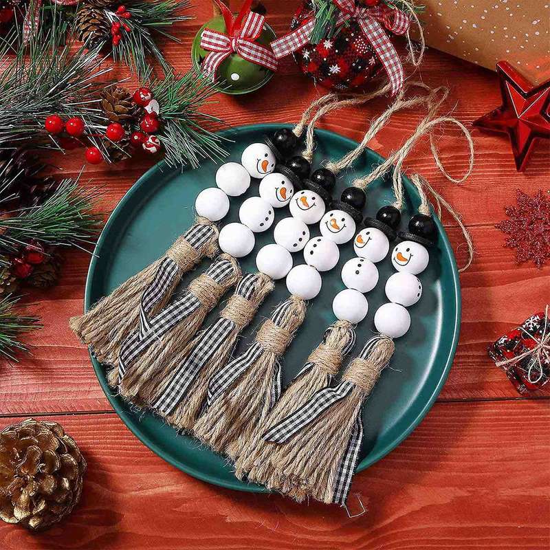 6 Pcs Snowman Wood Bead Garland Christmas Tree Ornaments(black)