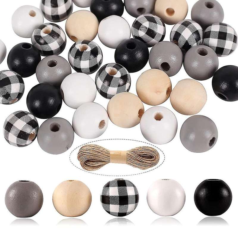 200 Pcs Wooden Beads with Hemp Rope for Fall Black Gray White